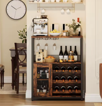 Modern Wine Bar Cabinet with Glass Holder & Storage Shelves
